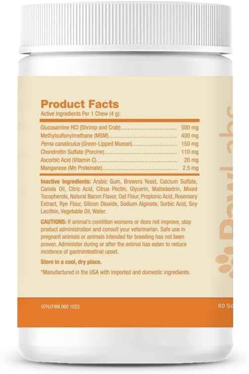 Pawlabs G-Max Joint Support for Dogs - Maximum Strength Hip & Joint Supplement with Glucosamine, Chondroitin, MSM etc - Relieves Arthritis Pain & Hip Dysplasia - Bacon Flavor, 60 Chews