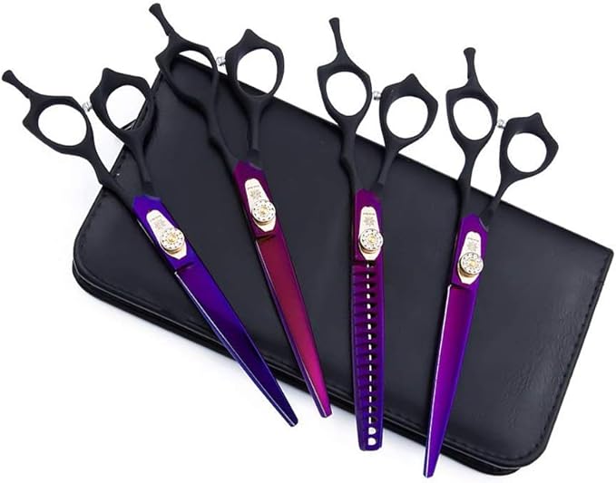 Dream Reach 7.0 inches Professional Decompressed Elastic Handle Pet Grooming Scissors Set,Straight & Chunker & 2 Curved Scissors 4pcs Set for Dog Grooming (Purple) (4PSC Set)