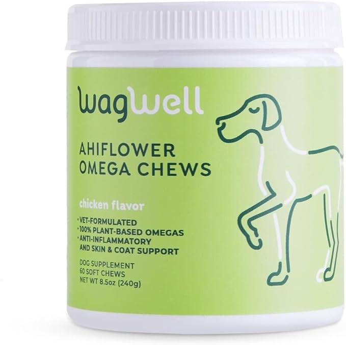 WagWell Ahiflower Omega Oil Dog Chews - Vet-Formulated Skin, Coat, Hip and Joint - Plant-Based Omega 3, 6 and 9 Supplement - Natural Chicken-Flavored Dog Omega Oil Bites, 60 Soft Chews