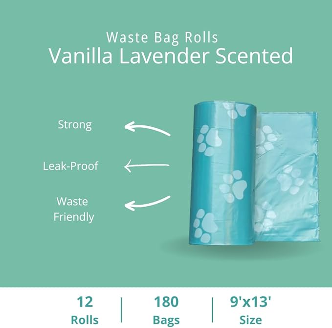 Vanilla Lavender Scent 180 Dog Poop Bags Rolls (12 rolls) & 25 Individual Pet Wipes - 2 in 1 Calming Cleaning Kit for Pet Owners, Cat Litter, Dog Leash, Pet Supplies, Puppy Pads.