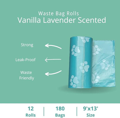 Vanilla Lavender Scent 180 Dog Poop Bags Rolls (12 rolls) & 25 Individual Pet Wipes - 2 in 1 Calming Cleaning Kit for Pet Owners, Cat Litter, Dog Leash, Pet Supplies, Puppy Pads.