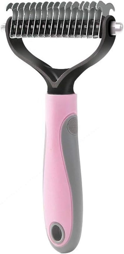 Dematting Comb, Two-Sided Undercoat Rake for Dogs & Cats, Dog Brush for Shedding and Removing Mats,Safe Stainless Steel dematting Tool Pink