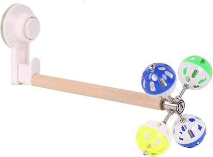 Window Suction Cup Bird Perch Toy for Parakeet, Movable Parrot Stand with Rotating Balls Bells for Window Mirror Glass Mount, Spinning Perch Toy (White, Suction Cup)