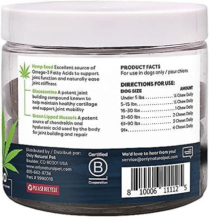 Only Natural Pet Hemp Advanced Mobility Support for Dogs Holistic Wellness Hip Bone Joint Health - Inflammatory Function Relieves Pain Stiffness Green Lipped Mussels Turmeric (HA) 60 Count - 2 Pack