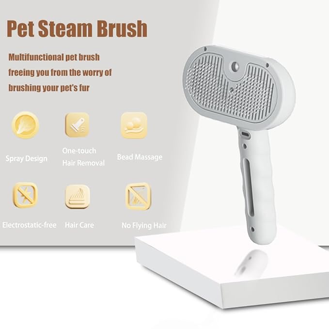3 - in - 1 Pet Steam Brush for Cats & Dogs - Suitable for All Hair Types! One - Click Spray; Comfortable Massage; Superior Deshedding & Skin Care; Quiet Operation at 36dB (White)