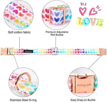 ARING PET Valentine's Day Dog Collar-Adorable Dog Collar with Felt Flower, Cotton Colorful Heart Dog Collars Pet Collars with Metal Buckle