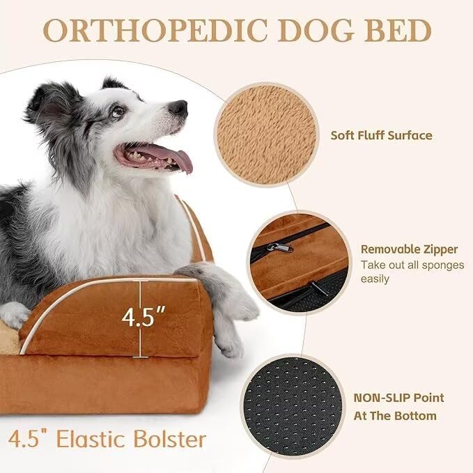 Large Dog Beds Orthopedic Foam, Waterproof Dog Beds for Large Sized Dogs, Comfy Washable Pet Bed Sofa with Removable Cover & Non-Slip Bottom(Large,Caramel)