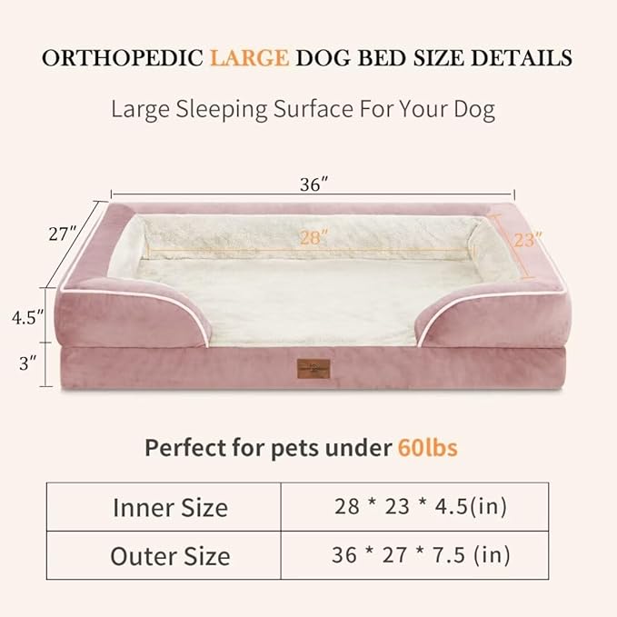 Large Dog Beds Waterproof Orthopedic Foam Dog Beds for Large Dogs Sofa Comfy Pet Bed with Non-Slip Bottom & Washable Removable Cover(Large,Pink)