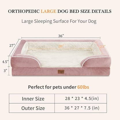 Large Dog Beds Waterproof Orthopedic Foam Dog Beds for Large Dogs Sofa Comfy Pet Bed with Non-Slip Bottom & Washable Removable Cover(Large,Pink)