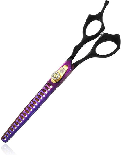 Dream Reach 7.0 inches Professional Decompressed Elastic Handle Pet Grooming Scissors Set,Straight & Chunker & 2 Curved Scissors 4pcs Set for Dog Grooming (Purple) (Chunker Scissor)
