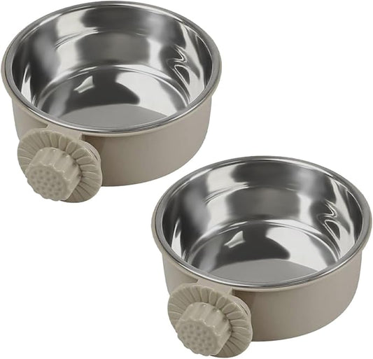 2Pcs Pets Lightweight Stainless Steel Bowl,Removable Stainless Steel Pet Hanging Food Water Feeder Bowl Cage Coop Cup for Puppy Medium Dog Cat Rabbit Ferret Bird Gunea Pigs (Gray, S)
