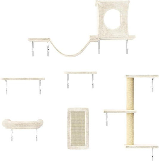 NUNU LAB Cat Wall Shelves, 6 Pcs Luxury Wall-Mounted Cat Climber Set, Indoor Cat Furniture with 1 Condos House, 2 Cat Wall Shelves, 1 Scratching, 1 Bridge Ladder, 1 Scratching Pad, Beige