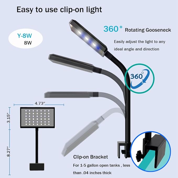 Clip-on Aquarium Light 8w (3 Timers, 3 Modes, 10 Dimming, Split Power) for Coral, Reef, Saltwater Fish, Algae Scrubber Nano/Mini/Pico/Refugium Tank,1-10Gallon(5-12in) Aquarium