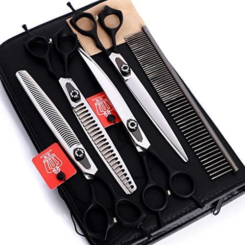 8.0 Inch Black Cutting& Chunker Pet Grooming 440C Stainless Steel Scissors with Comb Dog Hair Cutting and Thinning Shears Kit With Comb Dog Grooming For Pet Groomer 5pcs