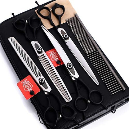8.0 Inch Black Cutting& Chunker Pet Grooming 440C Stainless Steel Scissors with Comb Dog Hair Cutting and Thinning Shears Kit With Comb Dog Grooming For Pet Groomer 5pcs