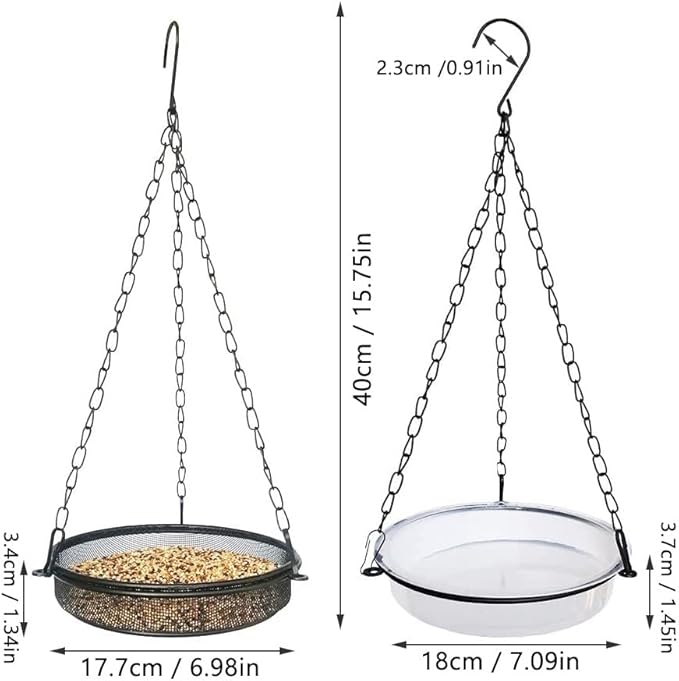 2-in-1 Set Hanging Bird Feeder and Bath for Outdoor, Small Metal Tray Perfect for Attracting Bird