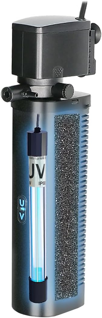 COOSPIDER Aquarium Filter 200GPH U-V Fish Tank Green Clean Machine for 20-75 Gal Tank, Submersible Pump Filter for Green Water, Internal Filtration System for Saltwater Freshwater Crystal Clear