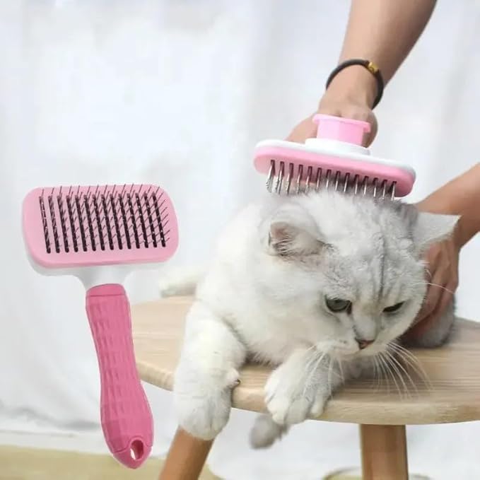 Pink Cat grooming brush, Pet hair brush with Massage Particles, Self Cleaning Dematting Comb for Dogs and Cats, Easy to Use, Ergonomic Handle Design