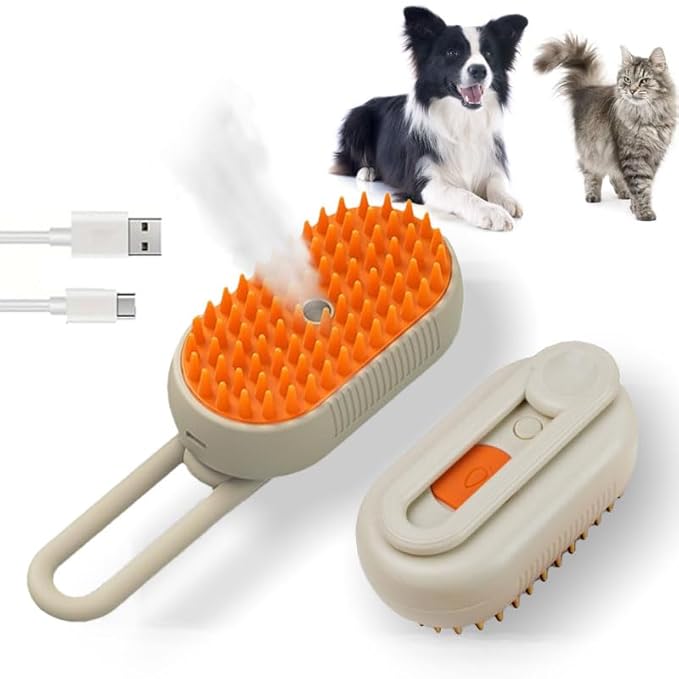 4 IN 1 Steam Pet Brush for Cats & Dogs, 84 Massage Teeth Spa-Level Electric Grooming Tool with Static-Free Shedding & Steam Cleaning, 150min Rechargeable Deshedder (Khaki)