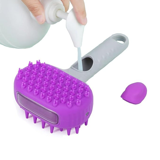 2 in1 Silicone Dog Cat Bath Brush, Pet Shampoo Brush Scrubber Massage Dispenser, Soft Silicone Grooming Shower Brush for Short Long Haired Dogs and Cats Washing (Purple)