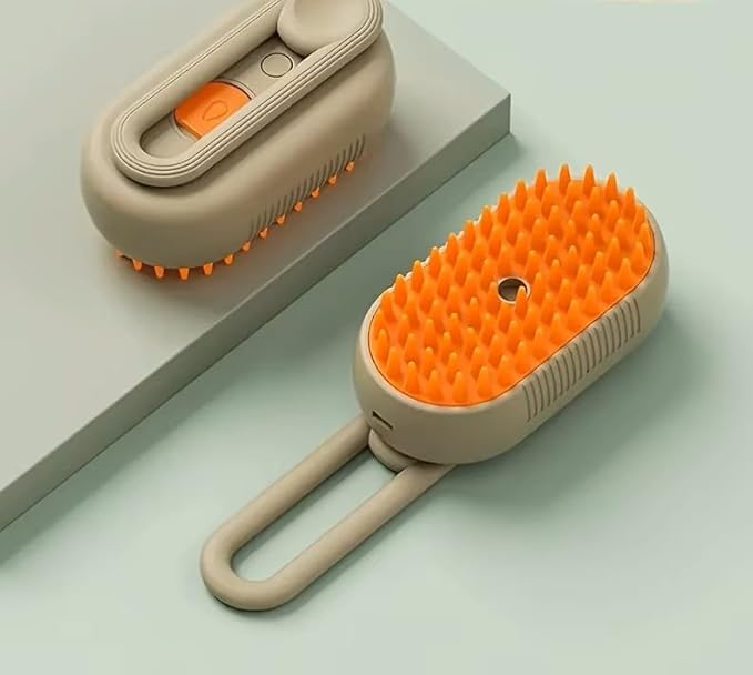 3-in-1 Steam Pet Brush for Cats & Dogs  Self-Cleaning Grooming Comb with Spray Mist, Massage & Shedding, Rechargeable USB, Anti-Static, Foldable Handle (TAN)