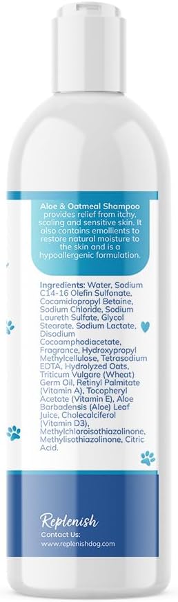 Replenish Aloe and Oatmeal Dog Shampoo -_ypoallergenic Pet Shampoo_or_llergies & Sensitive Skin, Medicated Dog Shampoo for Itching Relief &_atmeal Bath for Dogs Dry Flaky Skin Treatment  12 Oz