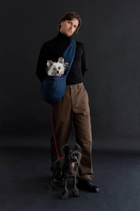 Noah & Paw Dog Sling Carrier for Small Dogs 5-18lb, Dog Sling for Small Dogs and Cats, Dog Carrier with Adjustable Padded Strap, Vegan Denim Lined with Fur, 3X Safety Features, Machine Washable