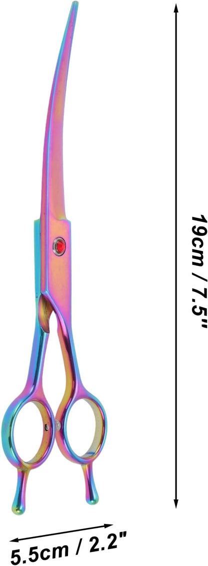 Dog Grooming Scissors, with Ergonomic Handle, Pill Popper for Cats, Upper Bend Shears, Stainless Steel Curved Shears for Dogs, Assorted Color, 7.5"