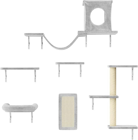 NUNU LAB Cat Wall Shelves, 6 Pcs Luxury Wall-Mounted Cat Climber Set, Indoor Cat Furniture with 1 Condos House, 2 Cat Wall Shelves, 1 Scratching, 1 Bridge Ladder, 1 Scratching Pad, Gray