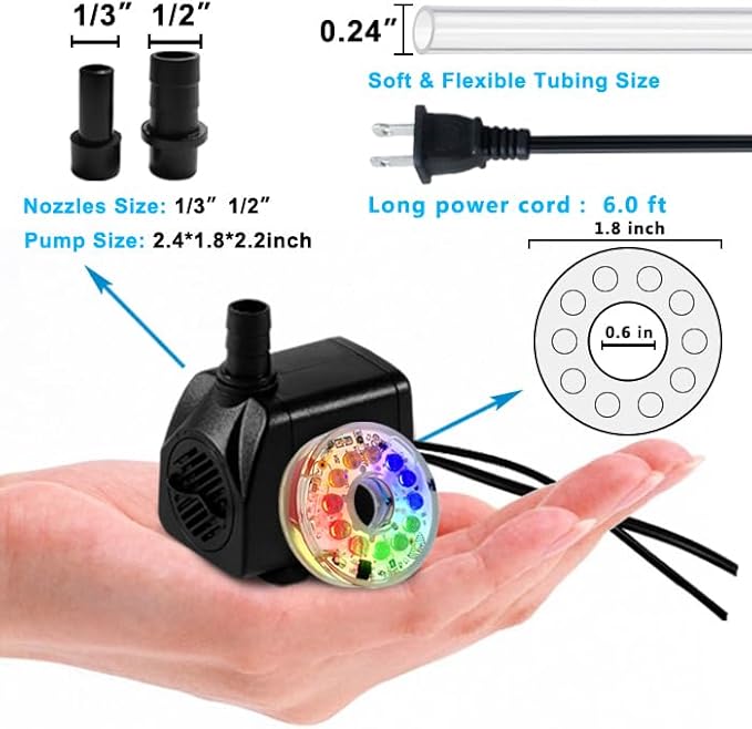 PULACO 10Watt 160GPH Submersible Fountain Pump with Automatic Color Changing LED Light and flow regulator for Water Feature, Outdoor Pond, Aquarium fish tanks