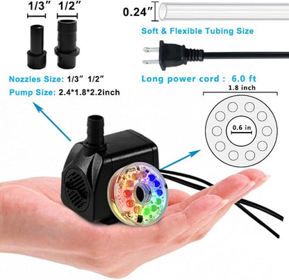 PULACO 10Watt 160GPH Submersible Fountain Pump with Automatic Color Changing LED Light and flow regulator for Water Feature, Outdoor Pond, Aquarium fish tanks
