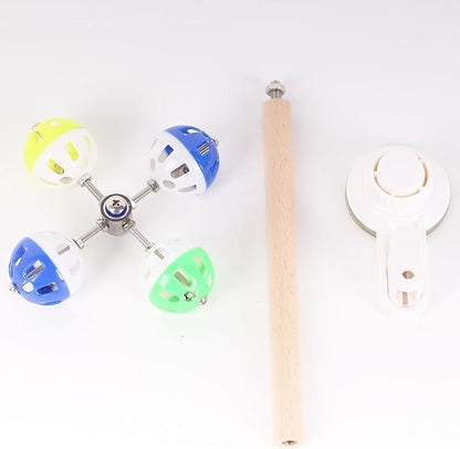 Window Suction Cup Bird Perch Toy for Parakeet, Movable Parrot Stand with Rotating Balls Bells for Window Mirror Glass Mount, Spinning Perch Toy (White, Suction Cup)