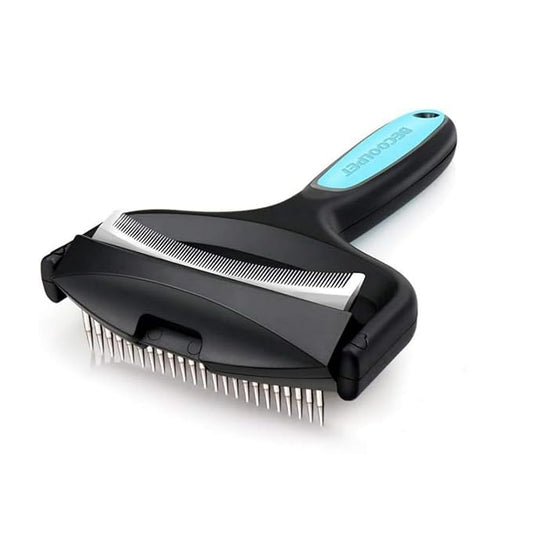 2-Sided Dematting & Deshedding Comb for Pets, Larger Size - 2 Types of Stainless Steel Brush Heads, Ergonomic Handle