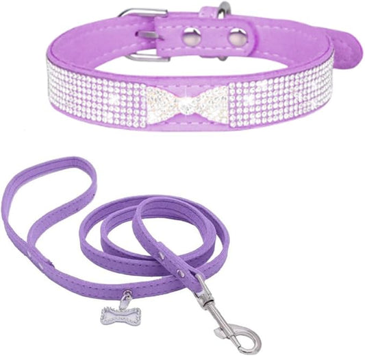 Diamond Dog Collars for Small Dogs, Rhinestone Puppy Collars with Leash, Sparkly Bling Jeweled Crystal Cat Collars for Girls Female XXS XS Small Medium Large Dogs Purple S