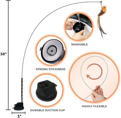 Interactive Bird Simulation Cat Toy Set, Interactive Cat Toys for Indoor Cats, Cat Feather Toy, Self-Holding Suction Base, 5 Replacement Birds, Feathers & Bells (Standard Hybrid Bundle)