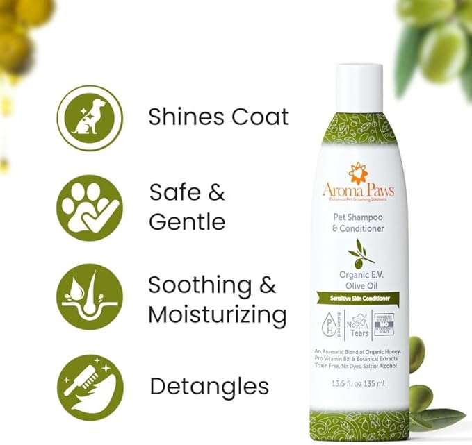 Dog Shampoo and Conditioner - Aromatic Tearless Shampoo for Cleansing, Grooming, and Conditioning - Moisturizing Anti Itch Shampoo for Dogs and Puppies - Organic E.V. Olive Oil 13.5 oz