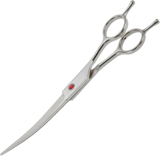 Dog Grooming Scissors, with Ergonomic Handle, Pill Popper for Cats, Upper Bend Shears, Stainless Steel Curved Shears for Dogs Cats, Silver Tone, 7.5"
