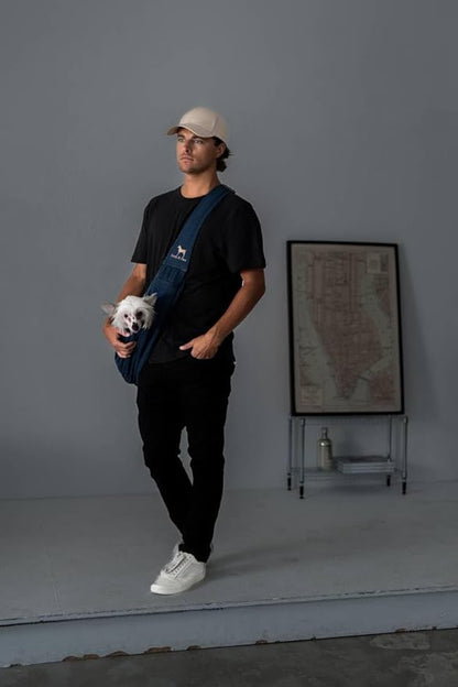 Noah & Paw Dog Sling Carrier for Small Dogs 5-18lb, Dog Sling for Small Dogs and Cats, Dog Carrier with Adjustable Padded Strap, Premium Denim, Lined with Fur, Double Safety Feature, Machine Washable