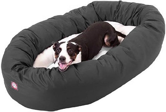 Majestic Pet 40 Inch Poly-Cotton Sherpa Calming Dog Bed Washable  Cozy Soft Round Dog Bed with Spine for Head Support - Fluffy Donut Dog Bed 40x29x9 (inch)  Round Pet Bed Large - Gray