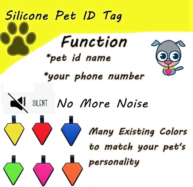 6 Pack Original Silent Diamond Shape Silicone Pet Tag,Modifiable ID Dog Tags,with Double Blank Sides to Engrave,6 Attractive Colors in One Set
