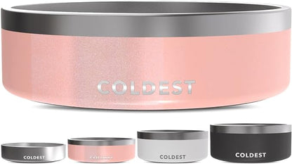 Coldest Dog Bowl - Anti Rust Metal, Non Slip, 3 Layers Insulated Stainless Steel Dog Bowls - Spill Proof & Heavy Duty - Water Bowl for Dogs, Cats & Pets, Dish Washer Safe (42 oz, Forever Pink Glitter)