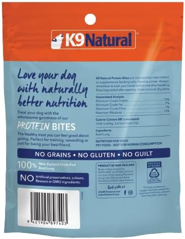 K9 Natural - Grain Free Air Dried Dog Treat Protein Bites - Beef Lung, 2.1oz