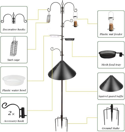 Deluxe Bird Feeding Station Kit - Wild Bird Feeder Hanging Pole With Multi Feeder, Suet Cage, Planter Hanger, and Squirrel Guard Baffle for Attracting Birds