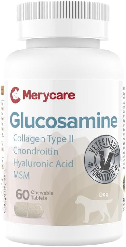 Glucosamine for Dogs  Hip & Joint Support Chewable Tablets with Collagen Type II, Chondroitin, MSM & Hyaluronic Acid  Veterinarian-Formulated  60 Count