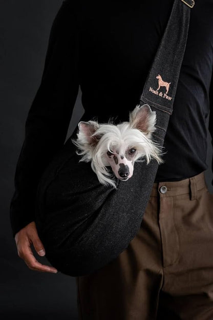 Noah & Paw Dog Sling Carrier for Small Dogs 5-18lb, Dog Sling for Small Dogs and Cats, Dog Carrier with Adjustable Padded Strap, Premium Denim, Lined with Fur, Double Safety Feature, Machine Washable