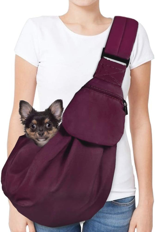 Dog Padded Papoose Sling, Small Pet Sling Carrier Hands Free Carry Adjustable Shoulder Strap Reversible Tote Bag with a Pocket Safety Belt Dog Cat Traveling Subway (5-12lbs, Burgundy)