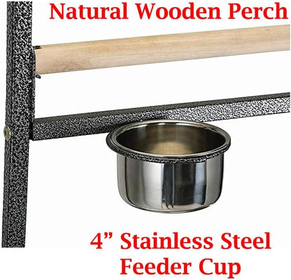 Elegant and Durable Wrought Iron Parrot Bird Play Perch Sturdy 4-Leg Rolling Stand Perch Gym Ground with Removable No Rust Stainless Steel Tray and Feed Cups Toy Hook