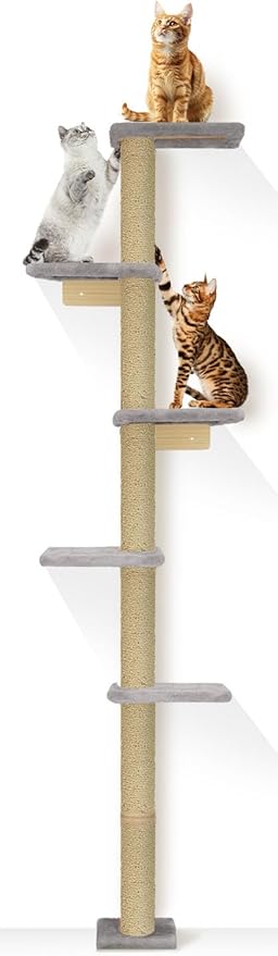 PAWSCRAT Wall-Mounted Cat Tree, 5 Tier Floor to Ceiling Cats Tower, 80 Inch Wall-Mounted Cat Scratching Post, Space Saving Cat Furniture and Easliy Climb for All Cats, Gery