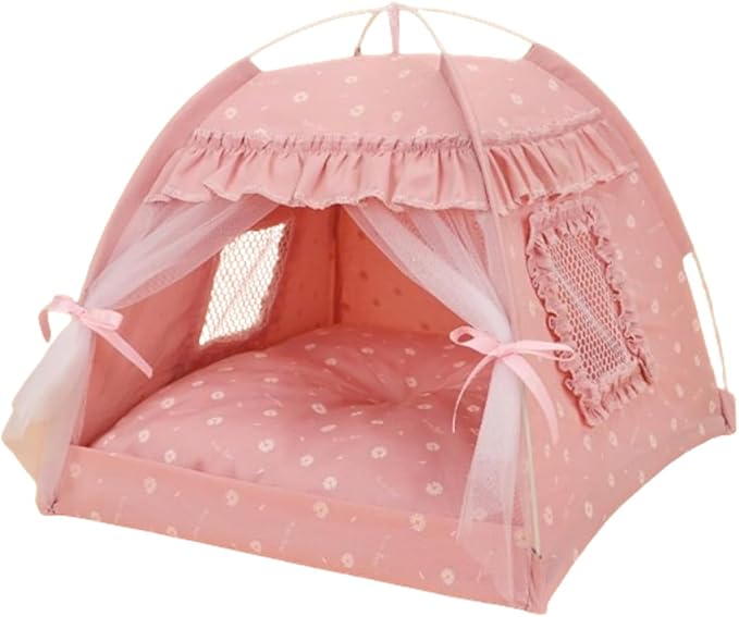 Cat Bed Tents Dog House Indoor Outdoor Lace Mesh Breathable Windows Door Curtains Removable Portable Nest Teepe House (Large,Pink(Ruffled Teim))