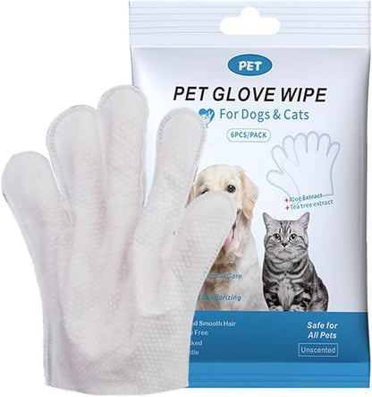 Pet Cleaning & Deodorizing Glove Wipes-Extra Thick-6pcs/PACK, Bathing Spa for Dogs & Cats, Hypoallergenic, Nourish & Smooth Hair, for Daily Care & Traveling; CWSJ6